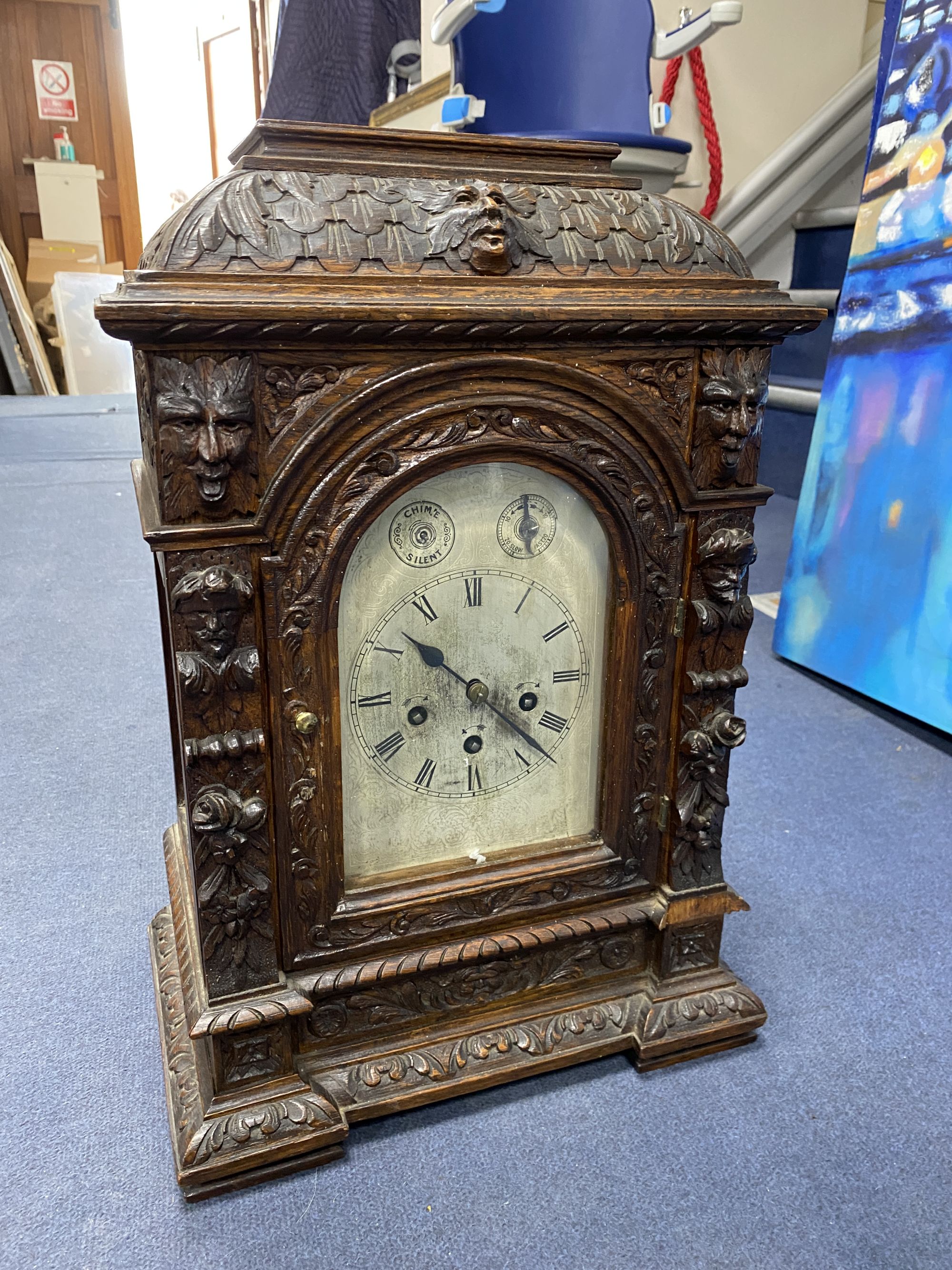 A Victorian oak mantel clock, height 50cm